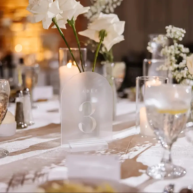 Frosted Acrylic Table Plaques - Blank Arched Table Plaques for DIY Wedding, Party, Anniversary, Event Decorations (Includes 9 Acrylic Plaques and 9 Bases)
