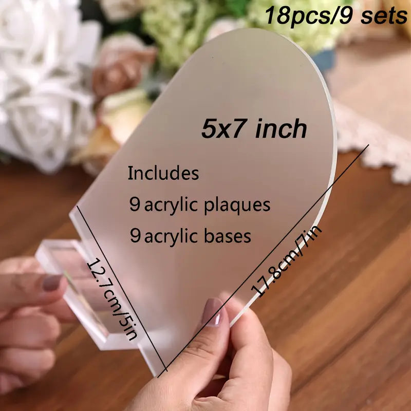 Frosted Acrylic Table Plaques - Blank Arched Table Plaques for DIY Wedding, Party, Anniversary, Event Decorations (Includes 9 Acrylic Plaques and 9 Bases)