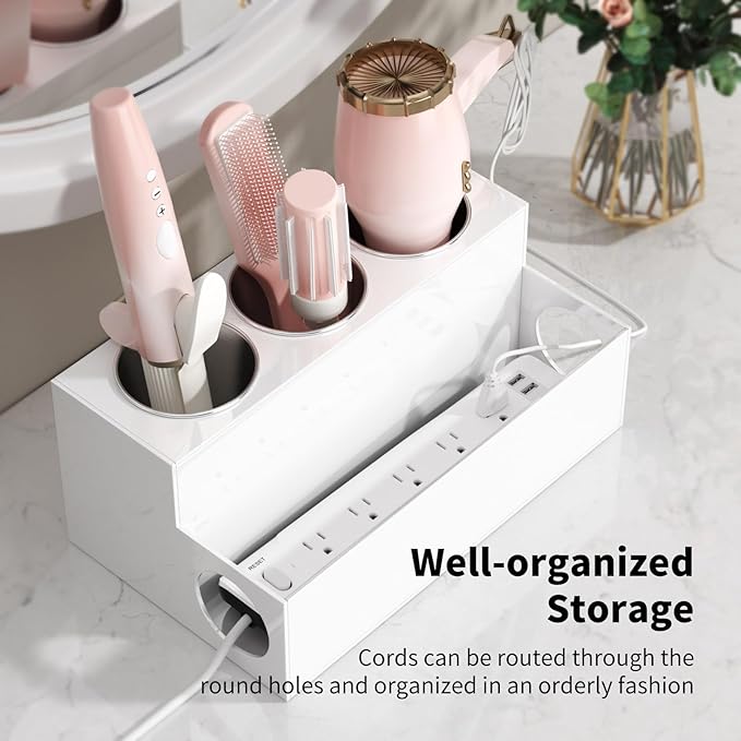 White Acrylic Hair Tool Organizer – Blow Dryer & Styling Holder for Bathroom Countertop & Vanity Storage