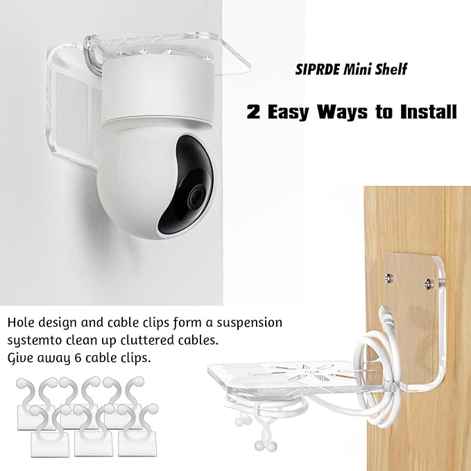 Acrylic Small Wall Shelf Set of 3 for Security Cameras, Speakers, Baby Monitors & More - 4'' Universal Adhesive Shelf Easy to Install No Drill, with Cable Clips (Clear)
