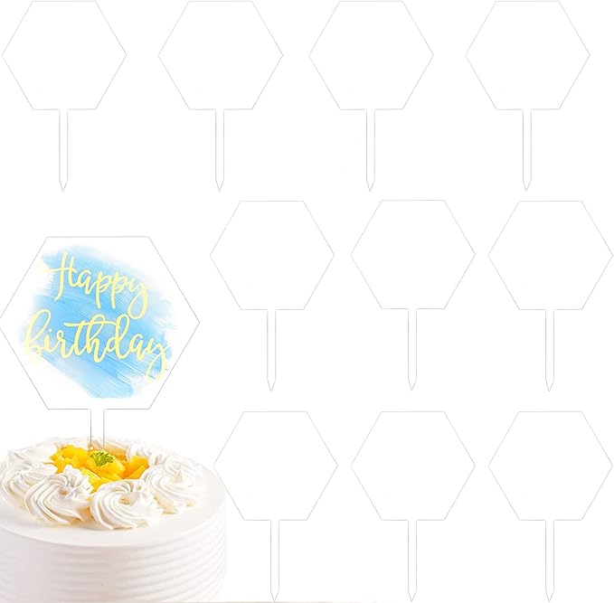 5 Pcs Clear Acrylic Cake Toppers – Blank Hexagon Shape DIY Cake Decoration for Weddings, Birthdays & Parties