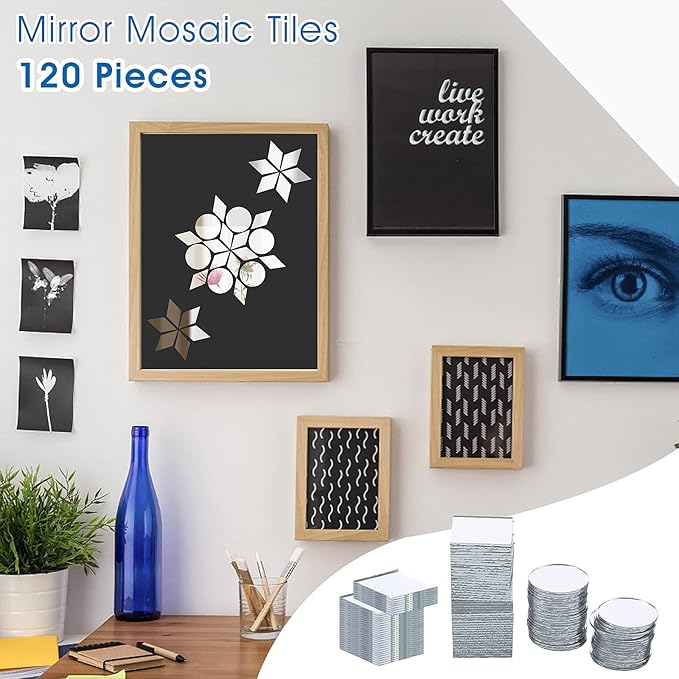 120 Pcs Small Acrylic Craft Mirrors – Square, Diamond & Round Mosaic Mirror Tiles for DIY Crafts, Disco Balls, Lamps & Decorations