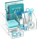 Clear Acrylic Desk Organizer with Drawer – 8 Compartments Office Supplies Storage for Home, School & Workspace